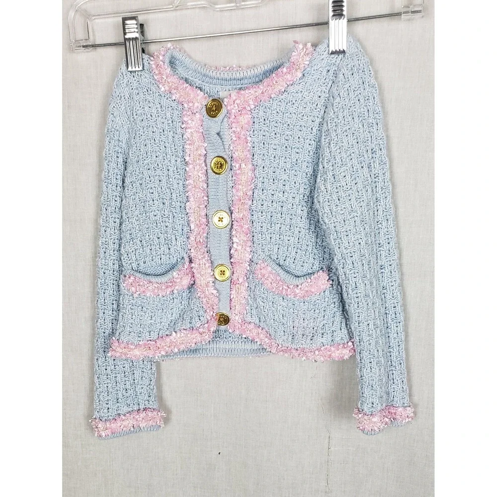 Angel's Face Baby Blue Pink Trim Knit Cardigan Skirt Set 3T 4T Easter Sunday‎